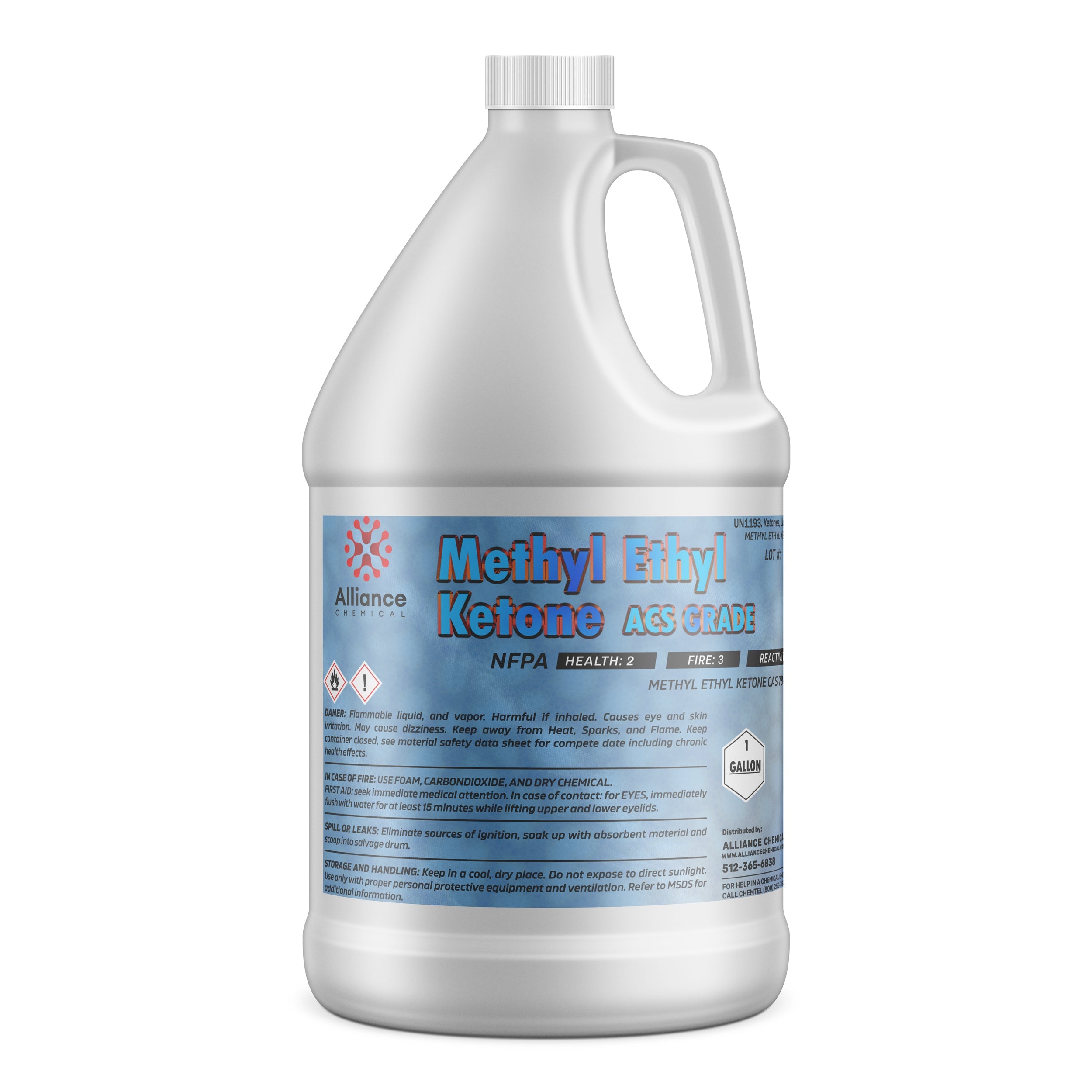 One-gallon HDPE container of ACS-grade Methyl Ethyl Ketone (MEK) with blue Alliance Chemical label, NFPA diamond, and flammable liquid warnings.